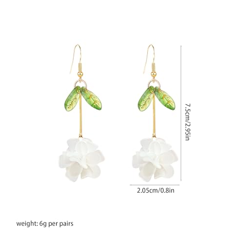 Resin Flower Cluster Ball Dangle Drop Earrings for Women Spring Summer Bohemian Floral Petal with Green Leaf Earrings Vacation Party Jewelry - color: White