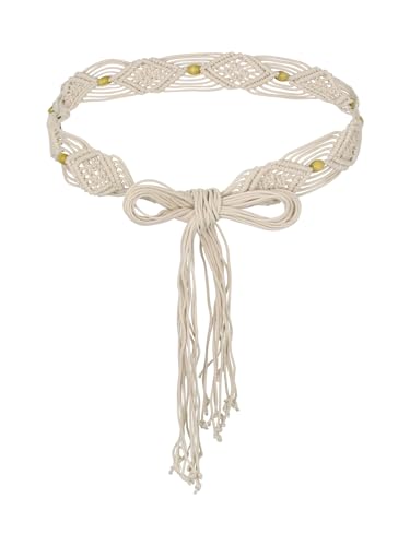 TeeYee Women's Waist Belt Adjustable Boho Style Handwoven Bohemia Tassel Rope Tie with Wooden Beads Braided Chain for Dress - color: 283beige