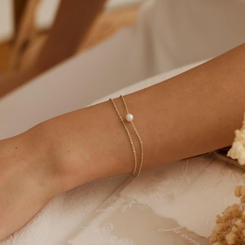 SLOONG Gold Pearl Bracelets for Women Trendy, 14K Gold Plated Dainty Stackable Layered Chain Bridesmaid Bracelets, Waterproof Wedding Jewelry for Women Adjustable 6"+2" - color: Style1(Pearl)