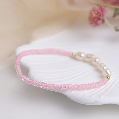 Freshwater Pearl Seed Bead for Women, Dainty Handmade Bohemian Stone Beaded Stretch Friend Bracelet Summer Beach Jewelry Gift