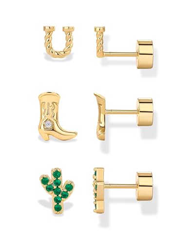 PAVOI 14K Gold Plated Dainty Flat Back Earrings for Women - Hypoallergenic Sterling Silver Posts Helix Cartilage Piercing Jewelry - Emoji Motif Bow Celestial Flatback Gold Stud Earrings Screw Back - style: Western Trio Set