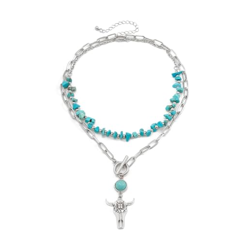 Fuqimanman2020 Boho Layered Western Necklaces for Women Cowgirl Cactus Turquoise Beaded Ox-head Hat Pendant Country Concert Jewelry - color: B