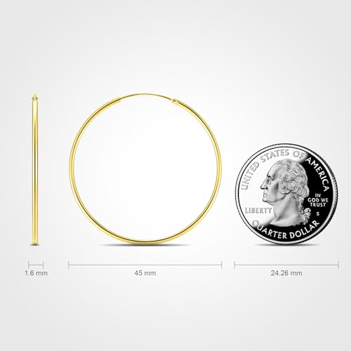 Gold Hoop Earrings for Women, 14K Gold Earrings for Women, Dainty Gold Vermeil Endless Thin Hoops, 14K Gold Plated 925 Sterling Silver, 35/45/55mm - size: 45mm