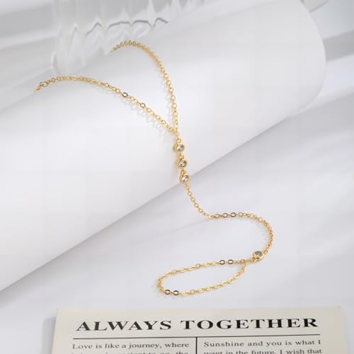 Rotnso Hand Chain Bracelet for Women Dainty 14K Gold/Silver Plated Ring Chain Diamond Cubic Zirconia CZ Beaded Station Bracelet Trendy Simple Fashion Body Jewelry Waterproof Gifts for Her - style: 4 CZ-GD