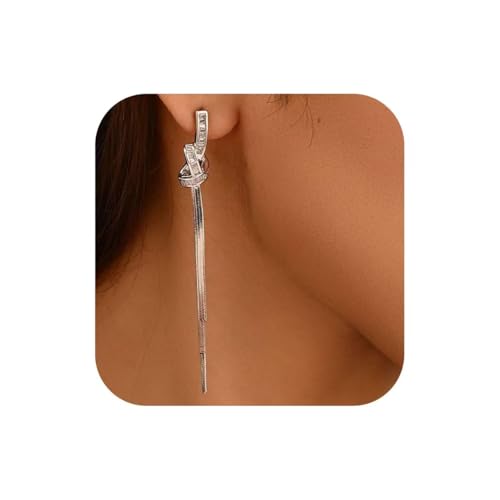 18K Gold/Silver Plated Dangle Earrings for Women Sparkly Rhinestone Long Tassel Dangle Earrings Dainty Long Hanging Chain Earrings Wedding Party Prom Earrings - color: Silver