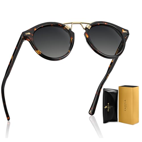 CARFIA Double Bridge Small Acetate Sunglasses for Women Polarized, Retro Metal Brow Ladies Sunnies Fashion Round Eyewears - color: 4. Yellow Tortoise Frame Gradient Grey Lens
