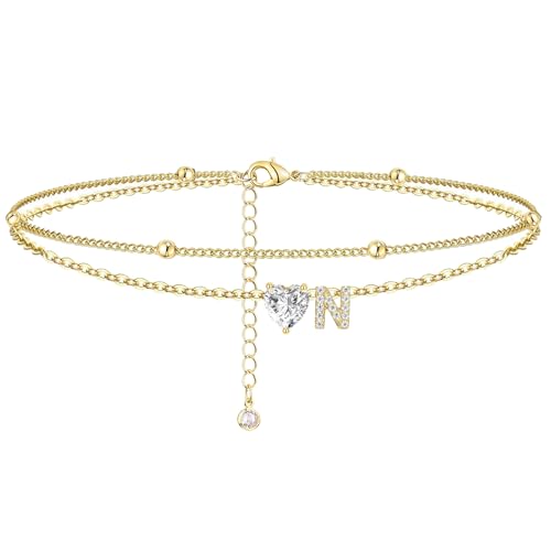 Ankle Bracelets for Women Waterproof 14K Gold Plated CZ Initial Anklet for Women Dainty Layered Letter Heart Ankle Bracelets Handmade Adjustable Foot Chain Anklet Summer Beach Jewelry - color: gold N