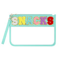Clear Snack Bag for Travel, Chenille Letter Clear Zipper Snacks Pouch Nylon Cosmetic Bag Makeup Travel Bag for Women - color: Green