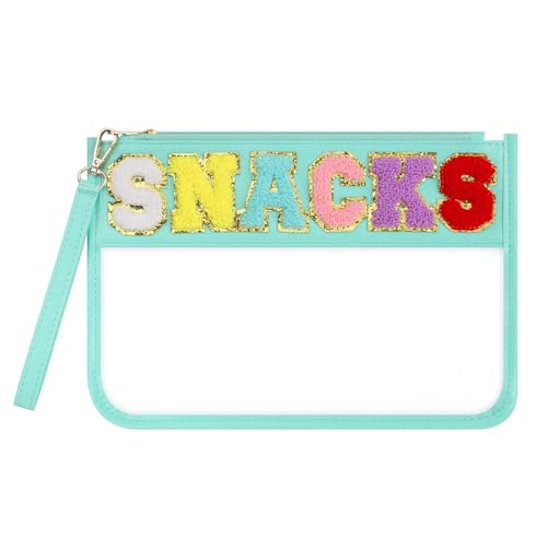 Clear Snack Bag for Travel, Chenille Letter Clear Zipper Snacks Pouch Nylon Cosmetic Bag Makeup Travel Bag for Women - color: Green