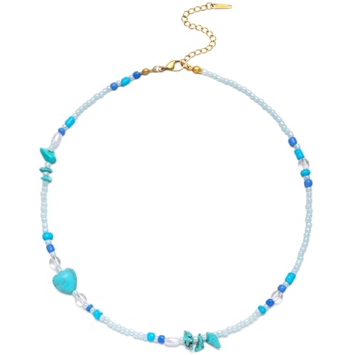 Beaded Necklaces for Women Summer Beach Beaded Necklace Bead Choker Boho Necklaces for Women Handmade Summer Jewelry Stainless Steel 18K Gold Plated - color: Turquoise