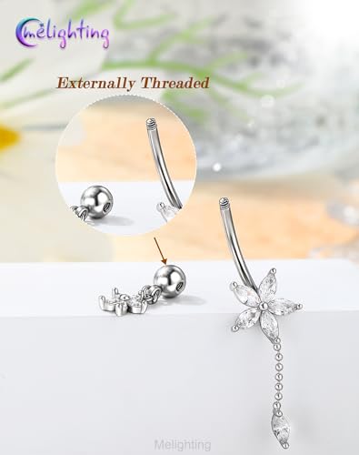 Melighting 14G Lotus Belly Button Ring, Dangle Belly Ring Surgical Steel 316L, Reverse Navel Piercing Jewelry, 10 mm Silver Flower Body Jewellery for Women - style: Lotus