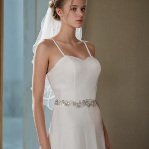 Rhinestone Wedding Bridal Belt for Women Formal Dress Handmade Crystal Beading Wedding Sash Belt - color: White-silver Rhinestone