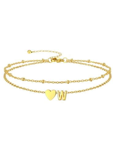 Silvora Ankle Bracelets for Women Waterproof 14K Gold/Silver/Black Initial Anklet for Women Dainty Layered Heart Ankle Bracelets Stainless Steel Adjustable Foot Chain Anklet Summer Beach Jewelry - color: Gold-14K Gold Plated, size: 23.W