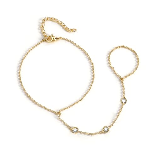 BAYLAY Hand Chain Bracelet, 14K Gold Plated Ring Bracelet Hand Chain Dainty Gold Bracelet for Women Trendy Finger Ring Slave Bracelets Hand Jewelry for Women Summer Beach Boho Gifts Trendy Stuff - color: 3CZ-7mm