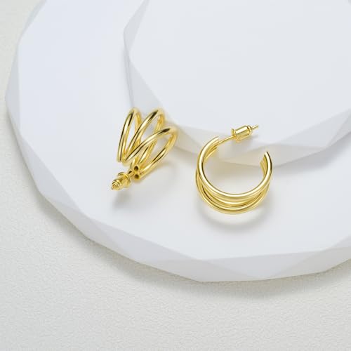 Gold Hoop Earrings for Women, 19mm Triple Hoop Earrings, 14K Gold Plated Over 925 Sterling Silver, Lightweight Hypoallergenic Stacked Hoops, Minimalist Everyday Gold Jewelry