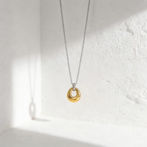 Dainty Oval Pendant Necklace for Women 18K Gold Plated Small Irregular Circle Charm Cute Boho Necklace Statement Chains Minimalist Jewelry - color: B-Gold & Silver