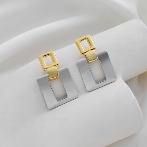 MUYAN Gold Silver Geometric Drop Dangle Earrings for Women Brushed Link Square Dangle Earrings Trendy Jewelry - color: C Gold Silver