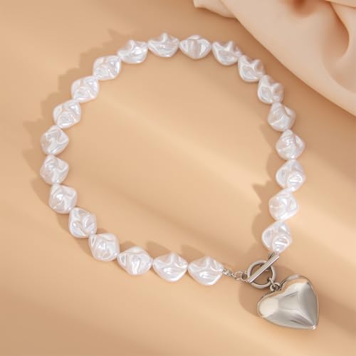 Statement Chunky Gold Heart Pendant Necklace for Women Trendy Boho Baroque Pearl Chain Choker Big Silver Love OT Buckle Necklaces Party Prom Jewelry Gift - color: Silver
