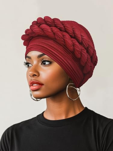 Woeoe Women African Turbans Pre-Tied Twisted Grey Hat Rhinestone Stretchy Head Wrap for Church Party - color: Claret