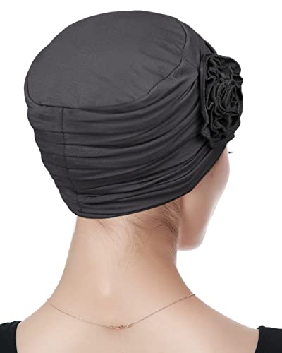 Alnorm Flower Design Chemo Hair Loss Caps Cancer Headwear for Women - color: Dark Grey