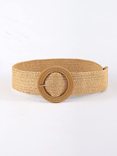 Verdusa Women's Western Belt Cowgirl Boho Straw Belts Round Buckle Elastic Waist Belt - color: Camel, size: Suit Waistline 41″-45″