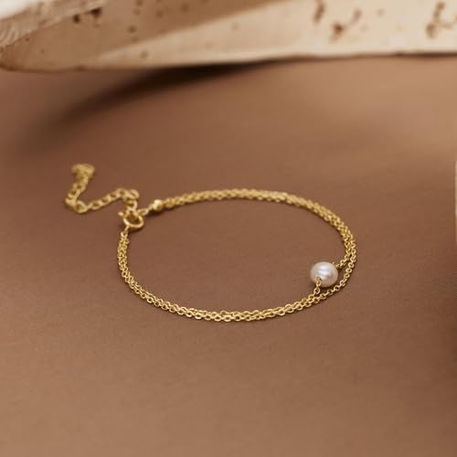 SLOONG Gold Pearl Bracelets for Women Trendy, 14K Gold Plated Dainty Stackable Layered Chain Bridesmaid Bracelets, Waterproof Wedding Jewelry for Women Adjustable 6"+2" - color: Style1(Pearl)