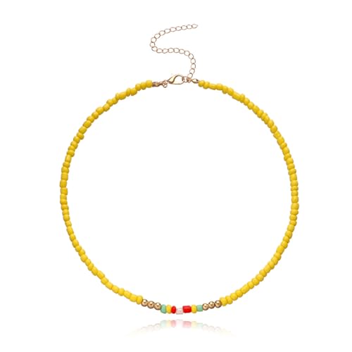 Bohemian Beaded Choker Necklace for Women Adjustable Colorful Rice Bead Necklace Handmade Beach Necklace Boho Beach Summer Ocean Hawaii Jewelry For Women Men - color: Yellow
