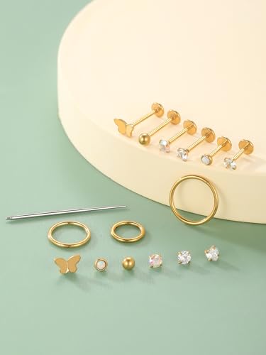 Oveta 16G 18G Flat Back Studs Earrings for Tragus Cartilage Piercing Jewelry, Surgical Steel Nose Rings Hoops 6/8/10mm, Silver/Gold - color: Gold, size: 18g*6/8/10mm bar