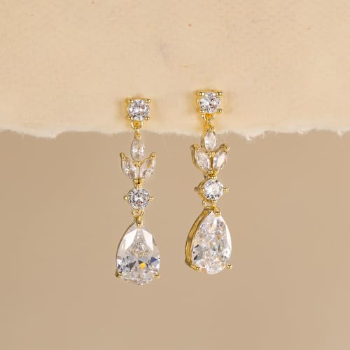 LLWOM 14K Gold/White Gold Plated CZ/Flower/North Star/Leaf Dangle Drop Earrings Studs for Women, Statement Earrings for Wedding Party Prom, Hypoallergenic Jewelry Gift - color: Gold Leaf Teardrop