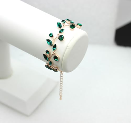 Faship Gorgeous Rhinestone Crystal Floral Necklace Earrings Set - color: Green / Rose gold plated / Matching Bracelet