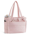 CTWWFS Puffer Tote Bag for Women, Quilted Bow Tote Bag with Cup Holder & 15.6 In Laptop Compartment for Work, Travel, Gym - color: Pink