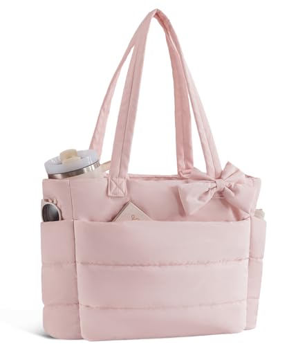 CTWWFS Puffer Tote Bag for Women, Quilted Bow Tote Bag with Cup Holder & 15.6 In Laptop Compartment for Work, Travel, Gym - color: Pink