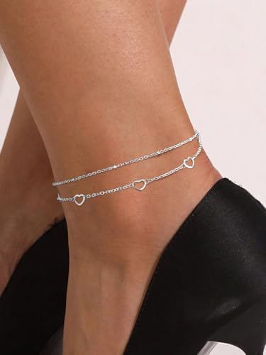 FindChic Black/Silver/Gold Plated Anklets Set of 2PCS/3PCS Herringbone Chain Cuban Link Heart Charm Sparkling Tennis Ankle Bracelets, Waterproof Summer Foot Jewelry for Beach - color: 07. Silver-Layered Heart Charm