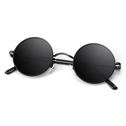 Round Polarized Sunglasses Men Women,Retro Metal Hippie Shades with 100% UV Protection - color: A01- Black Frame Black Lens