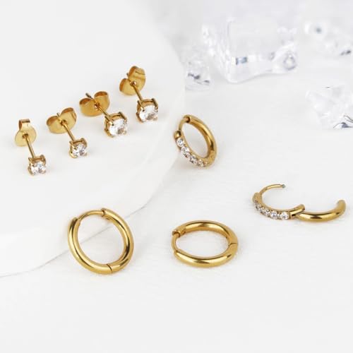 Gold Hoop Earrings Set: Dainty Stud Earrings 14K Gold Plated Earrings for Women Trendy Hypoallergenic Gold Stud Earrings 3-4mm Cubic Zirconia Cartilage Piercing Gold Jewelry for Women Gifts - color: Gold-Set-3/4/8/10mm