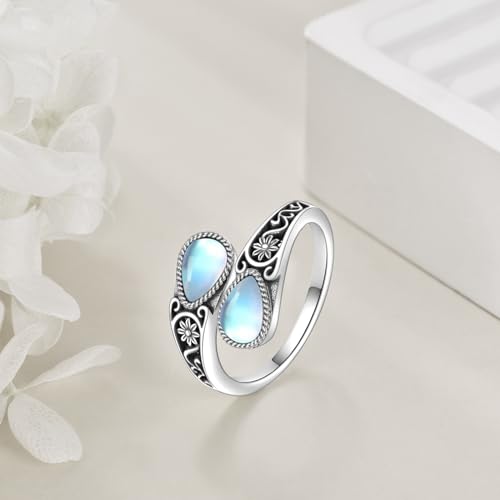 POPLYKE Sterling Silver Spoon Ring Vintage Thumb Rings Boho Adjustable Open Ring Statement Jewelry Gifts for Women - style: Filigree-Moonstone