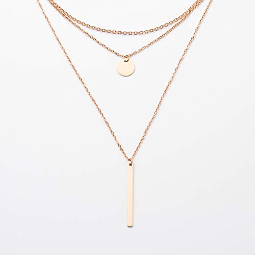 Disc Bar Pendant Layering Necklace Stainless Steel Layered Chain Choker - color: 14K Rosegold Plated