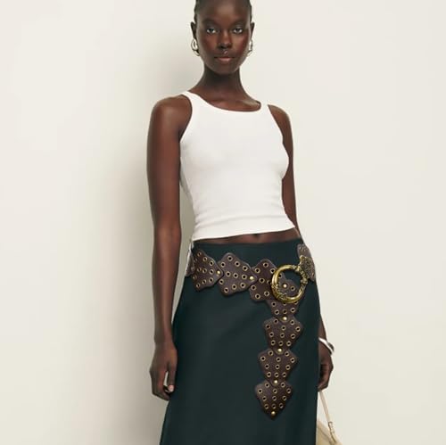 Wide Disc Belt for Women Vintage Leather Hollow Out Round Belt Western Waist Belt - color: Leaf Brown, size: L (53.1 in)
