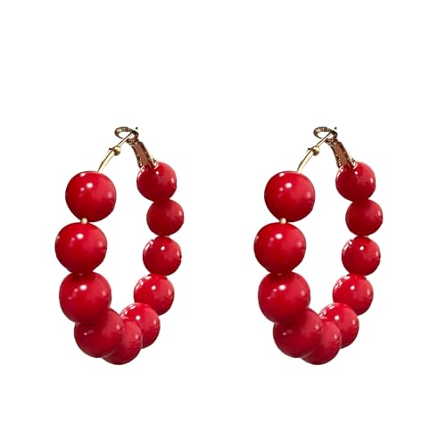 Summer Candy Colored Bead Earrings Lightweight Dainty Acrylic Geometry Hoop Earrings for Women Cute Boho Chic Handmade Jewelry - color: Red
