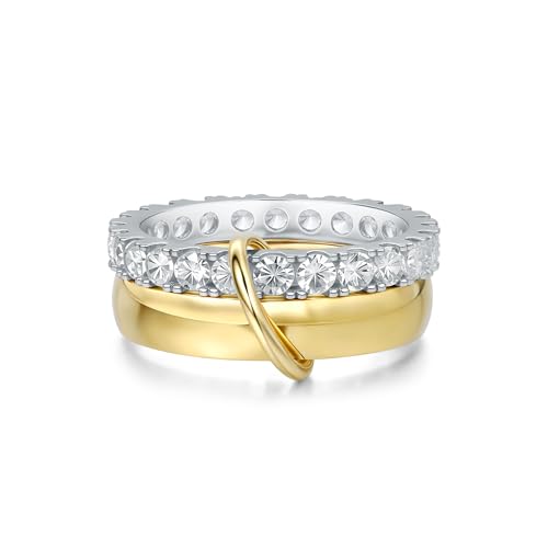 14K Gold Plating and Platinum Plating Stackable Interlocking Ring Set | Anti-Allergy Mixed Metal Multi-Ring Declaration Jewelry | Women's Festival Gift, Mother's Day/Birthday/Engagement Jewelry - size: 5, style: Two-layer ring