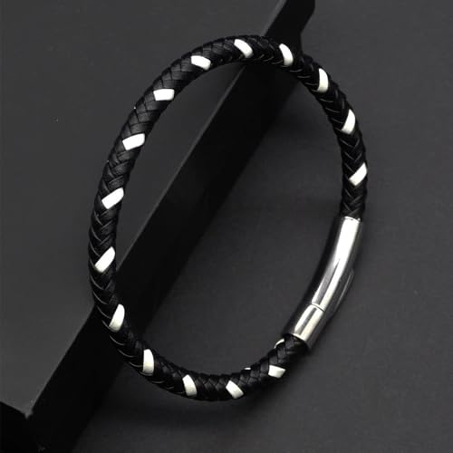 Men's Leather Bracelet, Stackable Stainless Steel Clasp Bracelets for Men Stylish Birthday, Thanksgiving, Valentine's Day Gift for My Man - style: 8.2" Gray and black Interwoven Leather