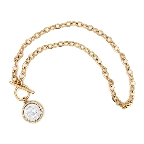 Chunky Gold Coin Necklace for Women Silver and Gold Chain Pendant Necklaces 18 Inch Antique Toggle Thick Link Fashion Jewelry Gift for Women - style: Worn Gold & Sliver-F