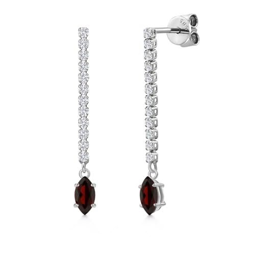 Gem Stone King 14K White Gold Gemstone Birthstone and White Lab Grown Diamond Long Liner Dangle Earrings for Women | Marquise 6X3MM | White Gold Chain Drop Earrings - style: Garnet, January