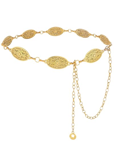 AWAYTR Chain Belt for Women – Adjustable Boho Metal Waist Chain Belt Gold Sliver for Dresses Jeans Country Concert Outfit - color: Gold-floral Oval