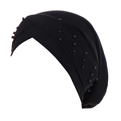 Women Beaded Silky Beanie, Pre-Tied Turban Head Wrap Cap for Chemo Chemical Cancer Hair Loss Cover Hat - color: Black