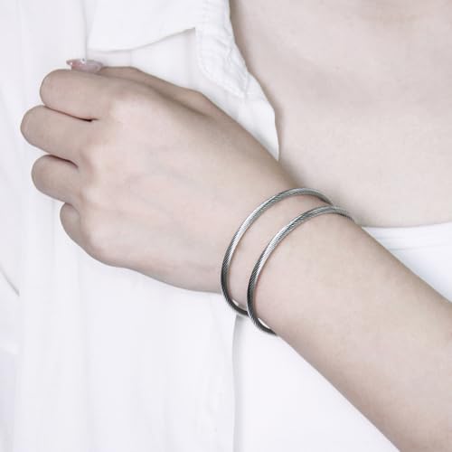 Exway 10 Pcs Elastic charm Bracelet chain Stainless Steel Cable Wire Twisted Cuff Bangle Bracelet Sliver charm Bracelets Kit for Crafts DIY Women Jewelry Making - color: silver, size: 7.0in
