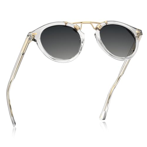CARFIA Double Bridge Small Acetate Sunglasses for Women Polarized, Retro Metal Brow Ladies Sunnies Fashion Round Eyewears - color: 4. Transparent Frame Gradient Grey Lens