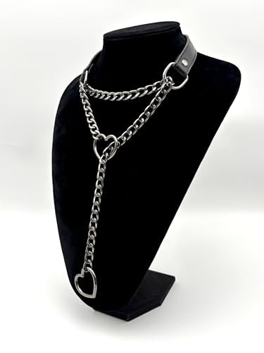 Black Leather Choker Collar For Women, Handmade Heart Slip Chain Choker Long Necklace with Adjustable Buckle - color: B-Black-Black-Black, size: 18''chain