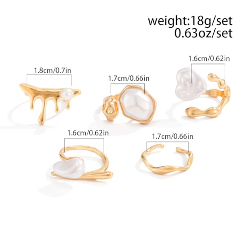 Chunky Gold Pearl Rings for Women Vintage Baroque Pearl Rings Set Open Stacking Pearls Ring Set Irregular Geometric Pearls Ring Boho Prom Costumes Fashion Jewelry Accessories - style: 5PCS A