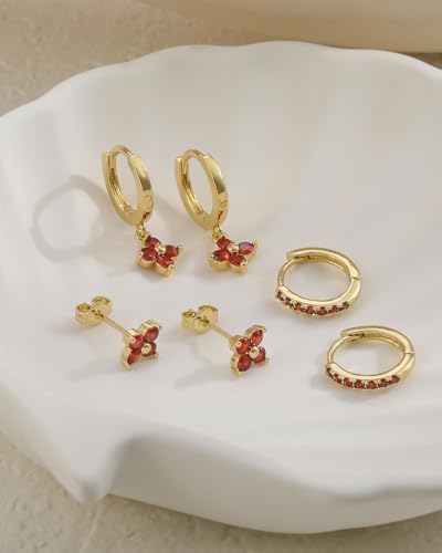 3 Pairs Gold Hoop Earrings Set for Women, Hypoallergenic 14K Gold Plated Huggie Earrings Stacks for Multiple Piercing Dainty Stud Earring Cartilage Birthstone Earring Women Jewelry Gift - color: 01. January(Garnet)